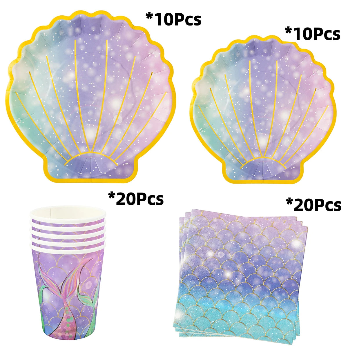 vaisselle jetable sirène violet bleu paillettes assiettes gobelets serviettes mariage anniversaire festives