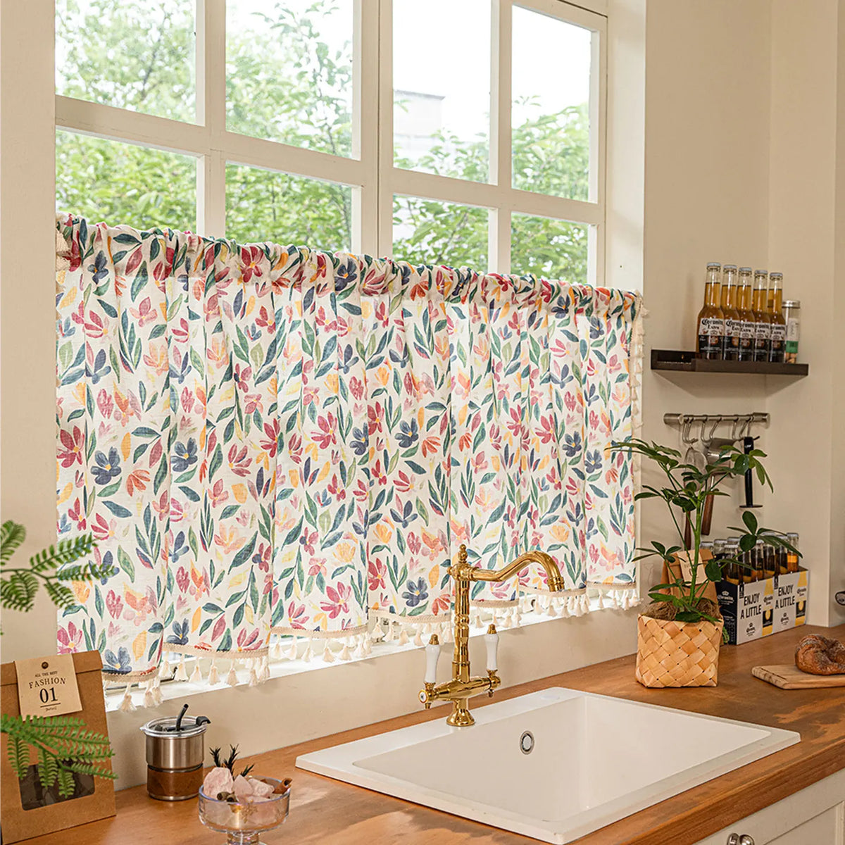 rideau bohème floral transparent blanc cassé fenêtre cuisine 140x60cm tringle rideau