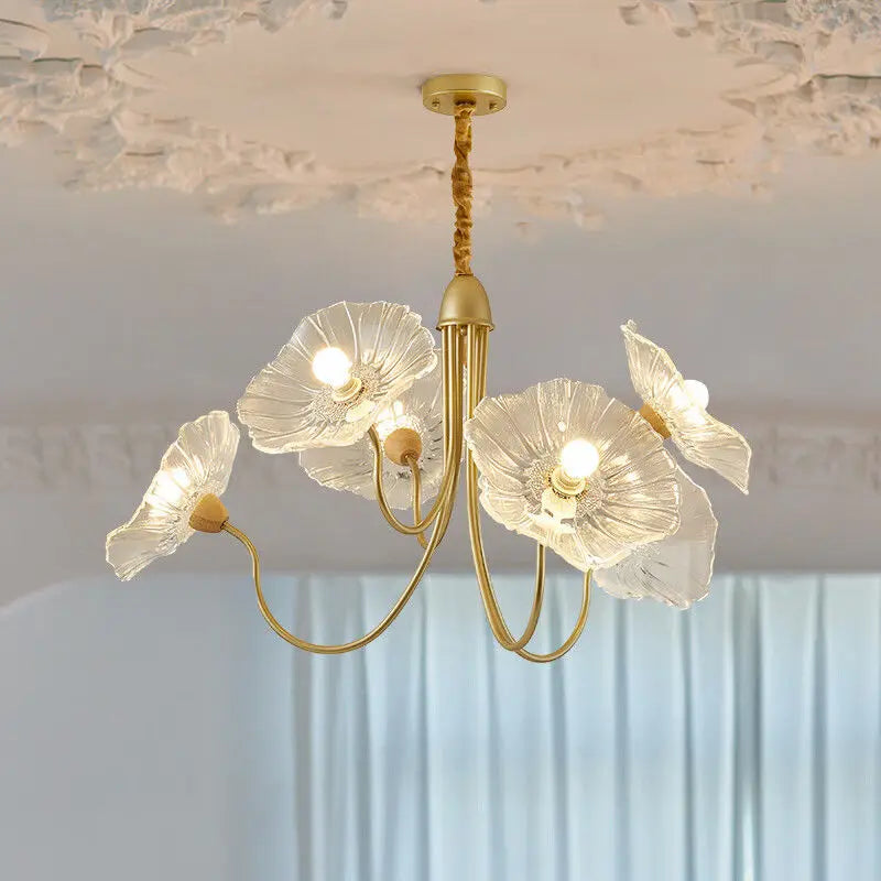 lustre moderne or rouge blanc feuilles florales translucides chambre salon