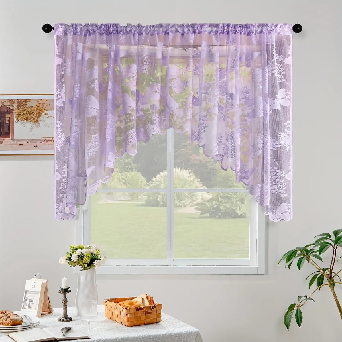 rideau noir blanc rose violet papillons fleurs transparent broderie oeilletsextérieur