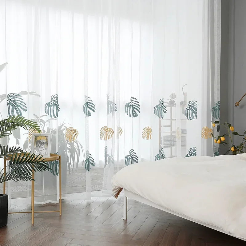 rideau blanc transparent motif feuilles tropicales moderne salon chambre