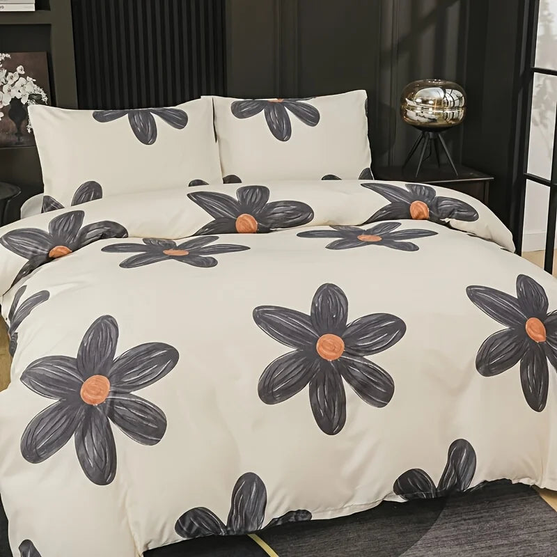 housse couette 3D fleurs stylisées beige gris orange moderne zippée taies d'oreiller