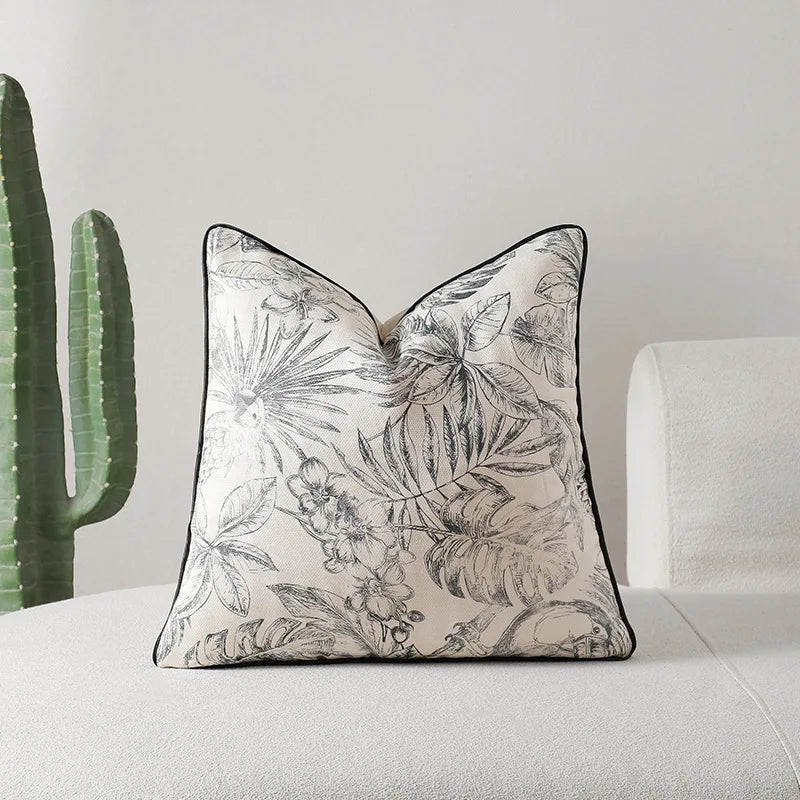 housse coussin moderne motif végétal noir beige adhésif tassel salon 30x50cm 45x45cm amovible lavable