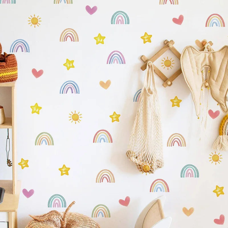 stickers muraux multicolores arc ciel coeurs étoiles décoratifs adhésifs enfants chambre bébé simple motifs