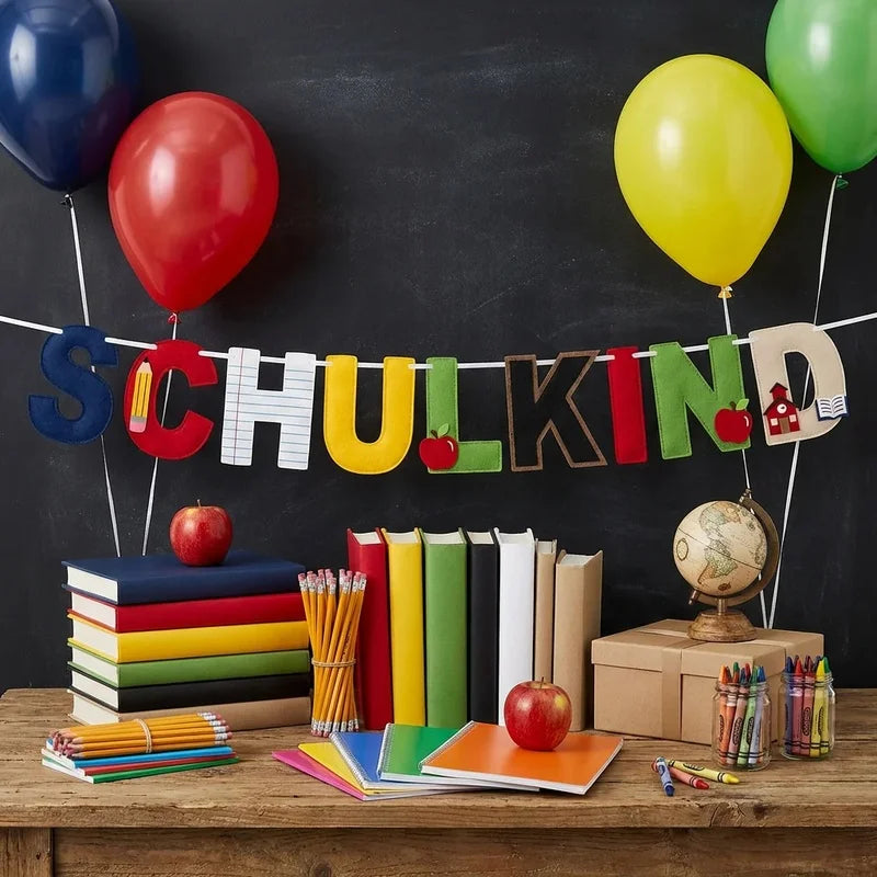 guirlande bannières motifs crayons écolier ballons tableaux papeterie globe lettres constructions gâteaux pommes