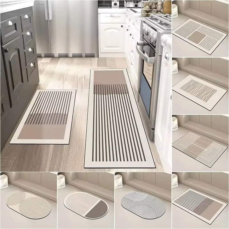 tapis sol gris clair beige rayures horizontales moderne minimaliste antidérapant imperméable cuisine salle bain