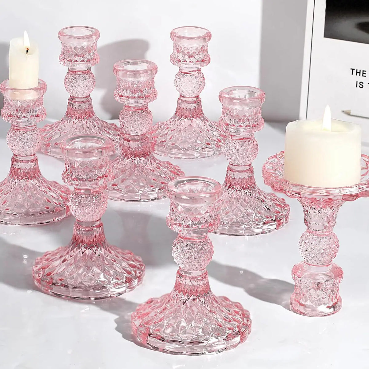 bougeoirs verre classique rose clair doré transparent mariage chandelles romantique décoration table