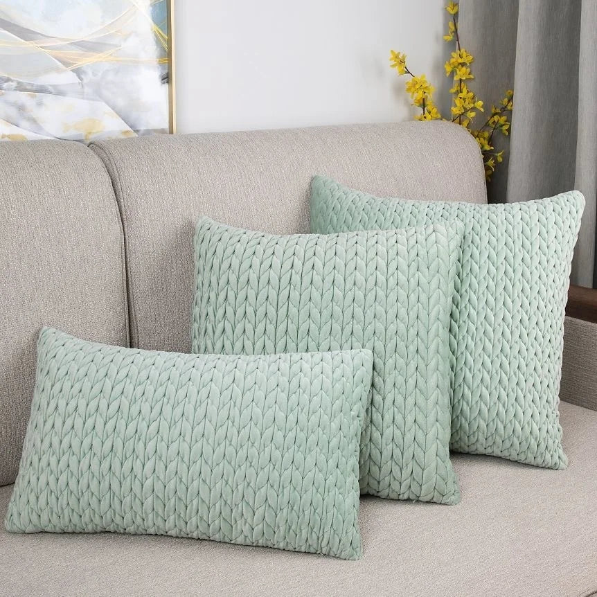 taies d'oreillers carrées polyester coton motif tissé relief modernes vert foncé gris rose pastel