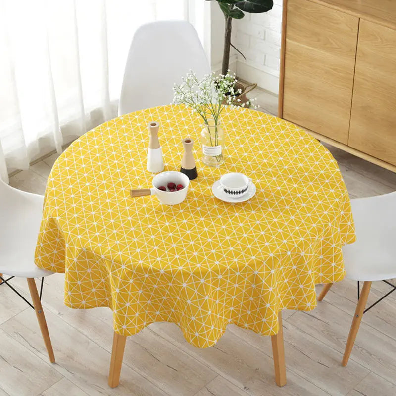 nappe ronde moderne triangles géométriques jaune bleu gris washable table manger mariage fête