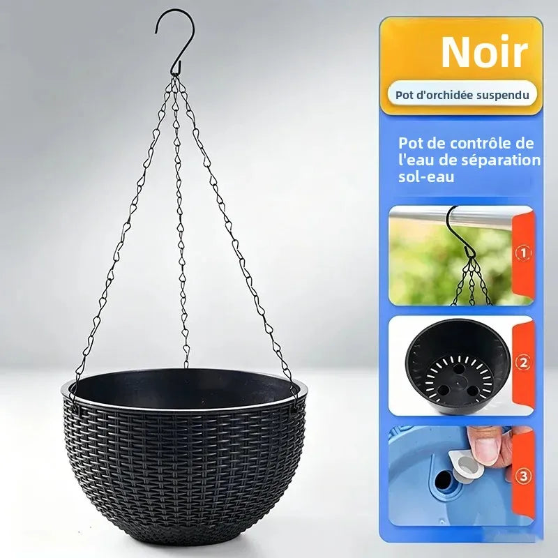 pots suspendus tressés noir blanc bleu moderne crochet chaine cloison autoarrosant