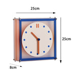 horloge murale double face moderne cadre transparent bleu orange aiguilles marron cadran blanc points