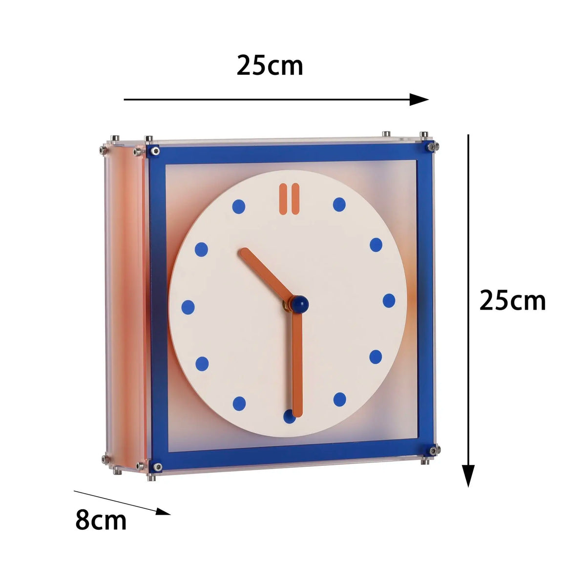 horloge murale double face moderne cadre transparent bleu orange aiguilles marron cadran blanc points