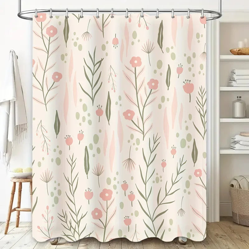 rideau douche fleurs stylisées polyester moderne beige rose vert anneaux fixation 180cm 180cm