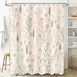rideau douche fleurs stylisées polyester moderne beige rose vert anneaux fixation 180cm 180cm