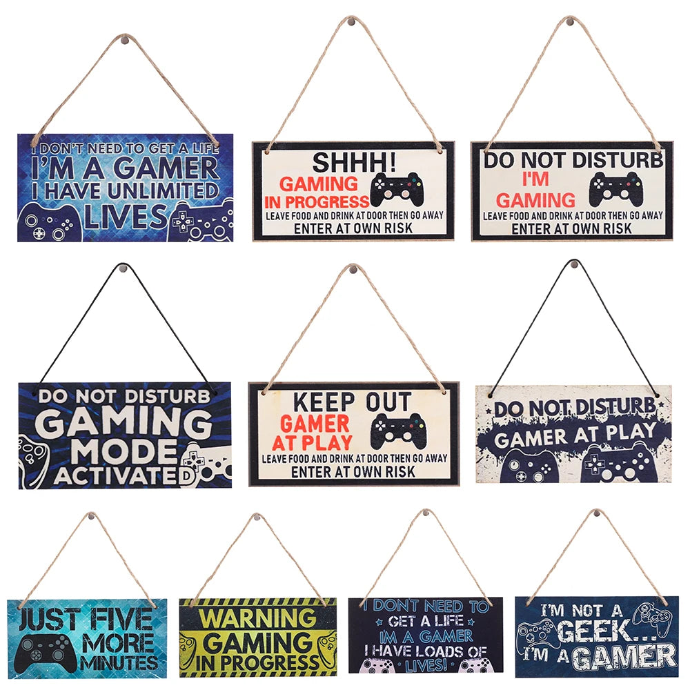 plaque décorative bois graphique texte jeu manette humoristique corde noire bleue adolescente chambre