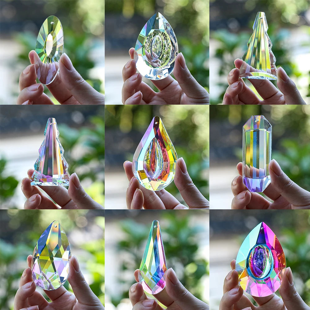 pendants cristal vert bleu jaune arc ciel facettes brillantes modernes transparents anneaux noirs 63mm