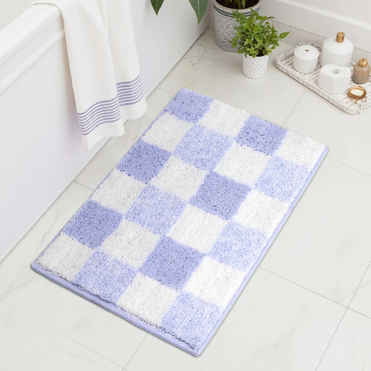 tapis bain rose carreaux géométriques moderne résistant décoloration polyester