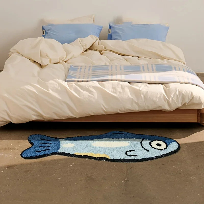 tapis poisson stylisé bleu blanc jaune moderne antidérapant polyester absorbant d'intérieur extérieur