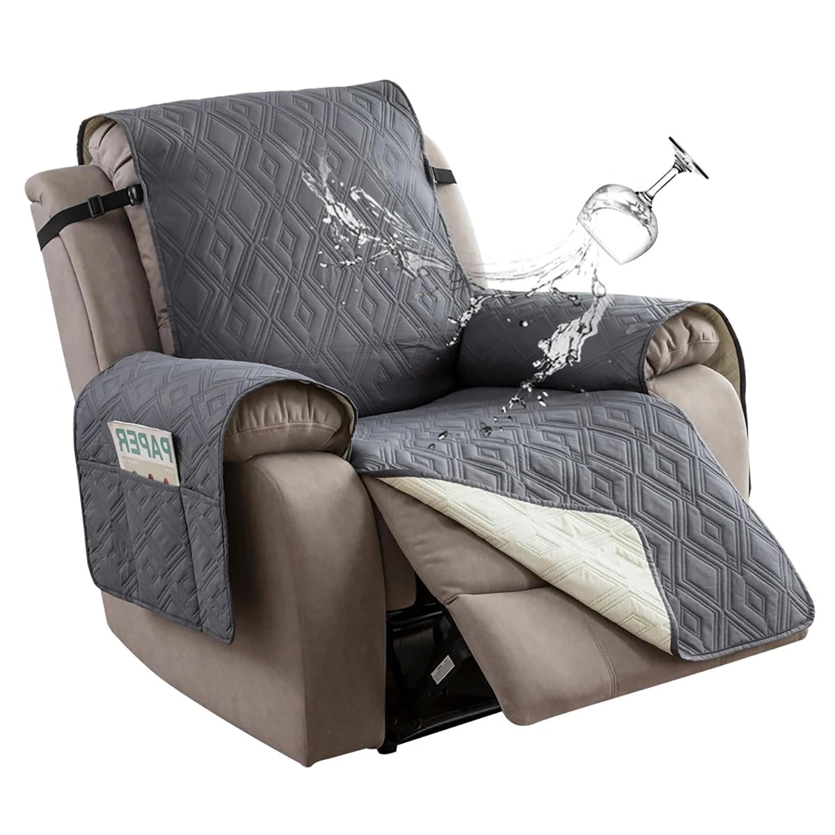 housse fauteuil inclinable motif géométrique gris beige moderne quilté poche rangement ceinture fixations