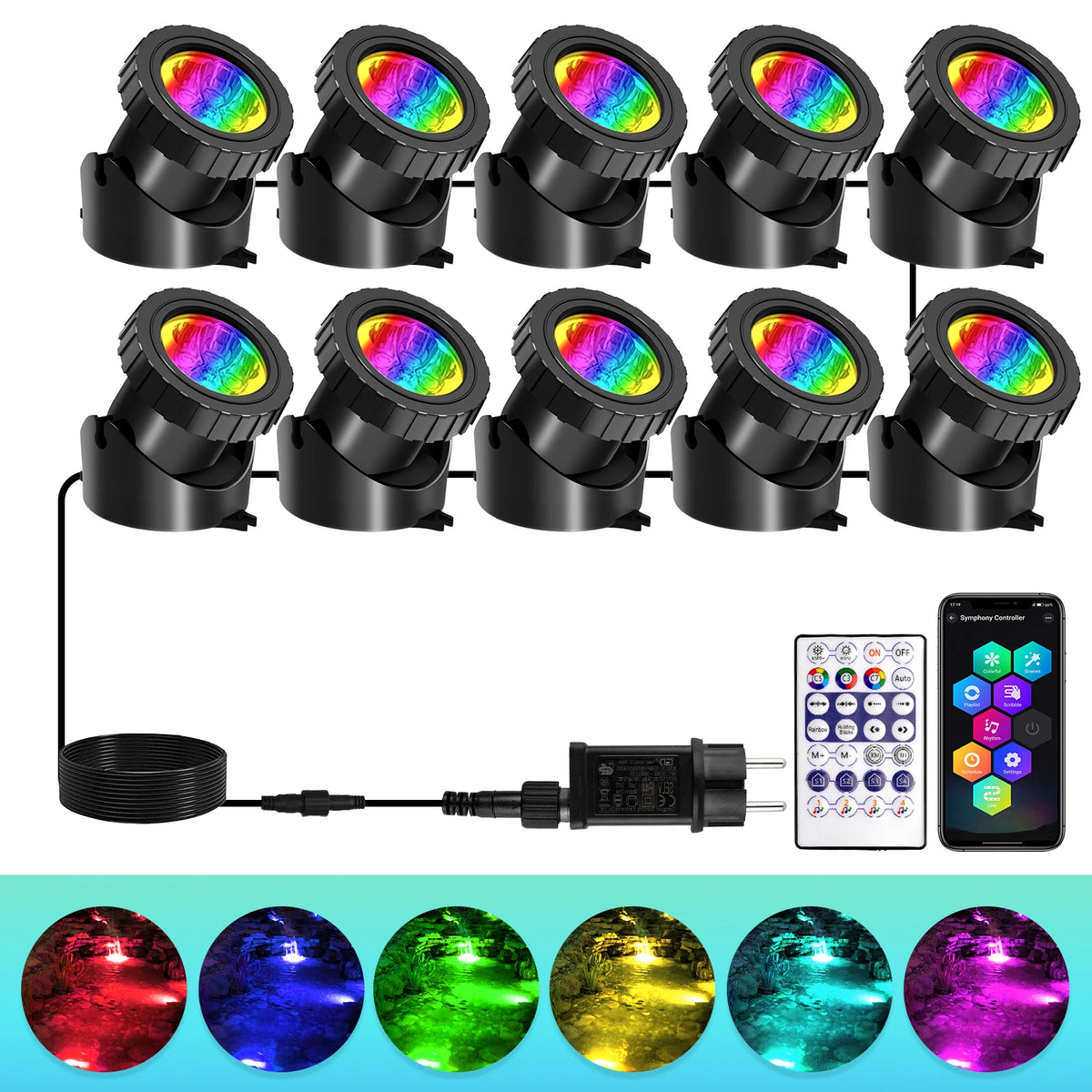 projecteur led ip68 étanche 10 led noir moderne commande distance prise électrique app mobile