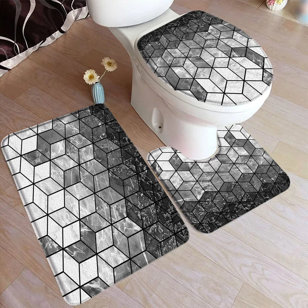 tapis bain moderne ensemble noir blanc adhésif tapis sol couvercle toilette minimaliste respectueux environnement