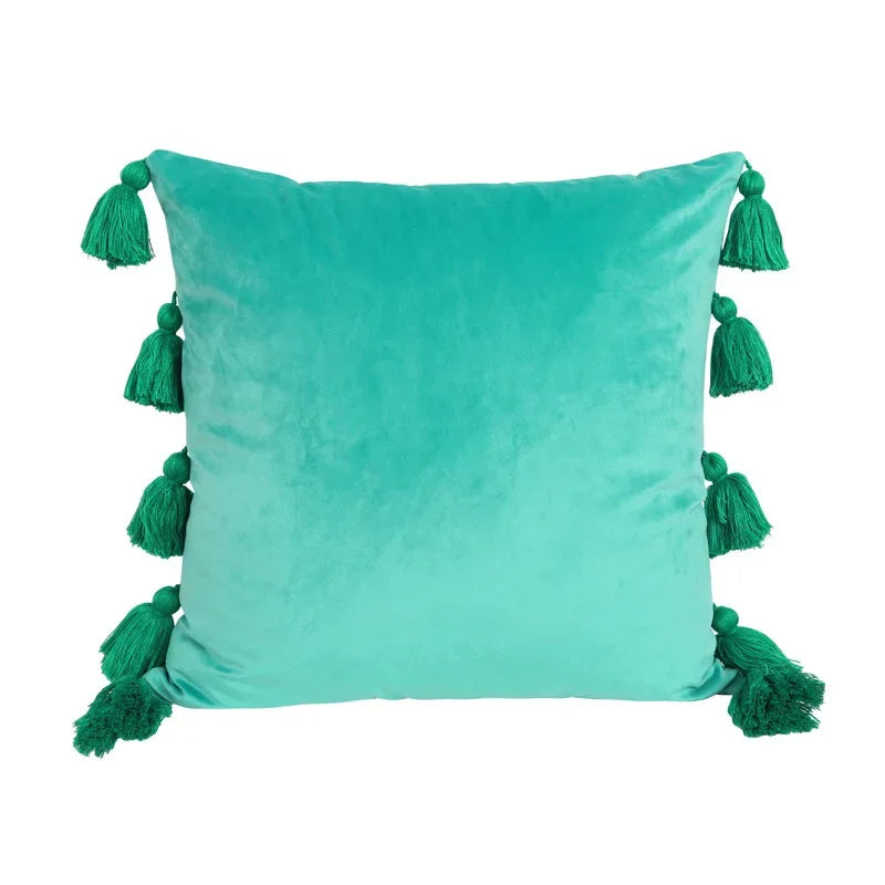 housse coussin velours moderne bohème couleur unie pompon décoratif 45x45cm
