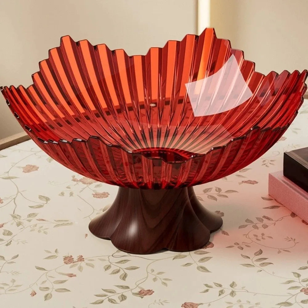 bol fruits transparent rayures moderne base bois doré rouge gris