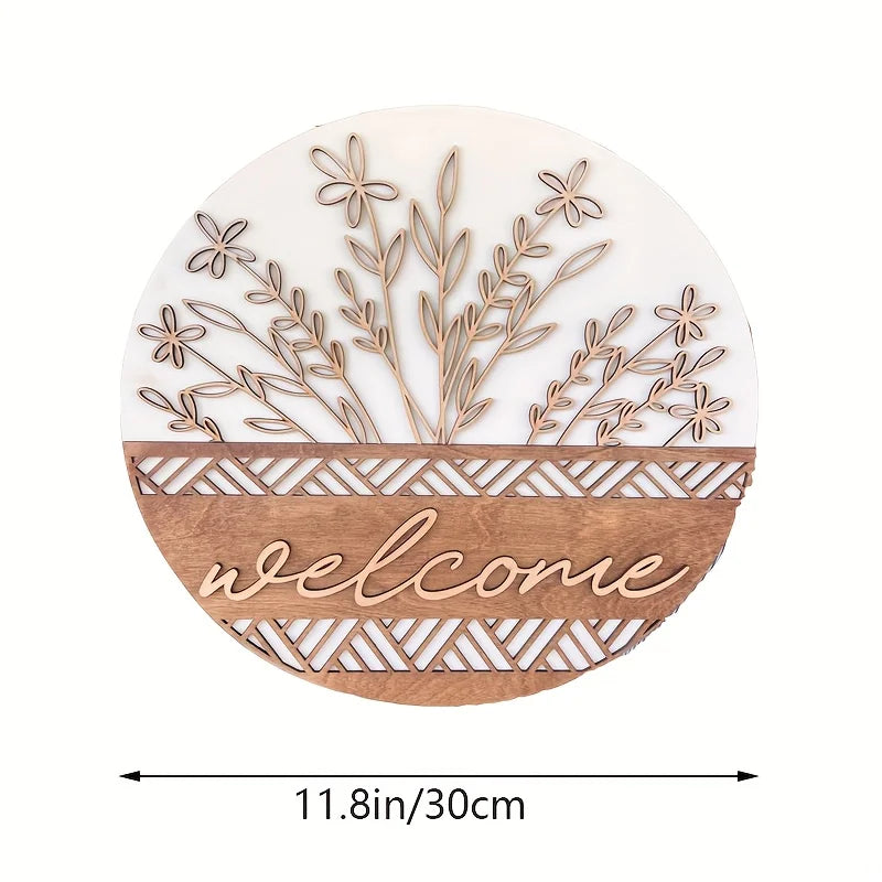 décoration murale bienvenue panneau rond bois fleurs feuilles motif zigzag rustique moderneextérieurporte farmhouse porche