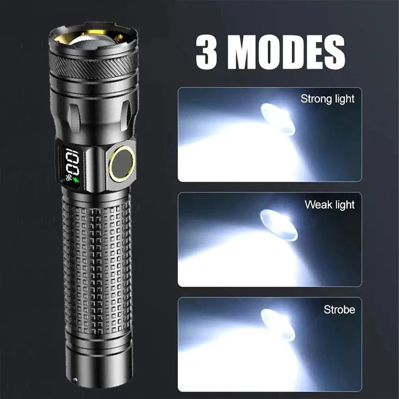 lampe torche rechargeable led 20w anti dérapante écran affichage 500mètres moderne noire recharge usb