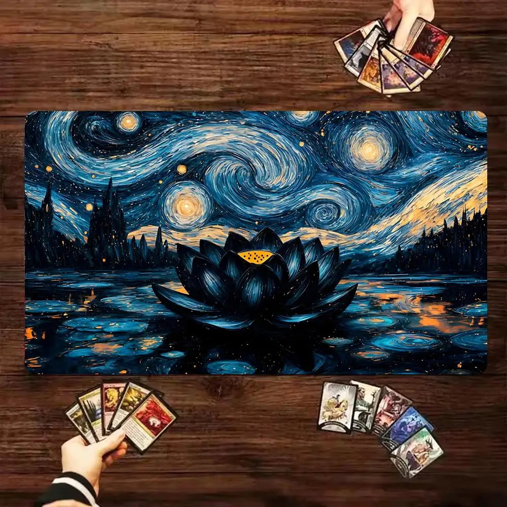 tapis jeu nuit étoilée paysage nuages lotus bleu noir cartes jeu non glissant