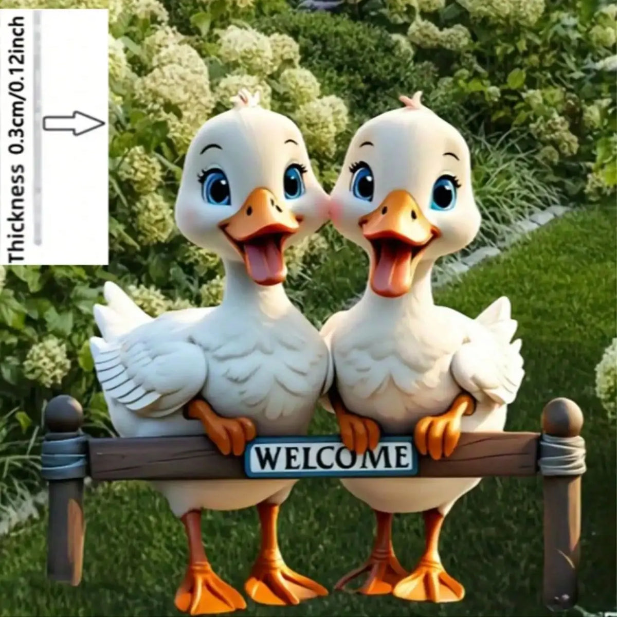 statue decorative cartoon canard blanc orange gris yeux brillants plaque welcomeextérieur jardin decoration