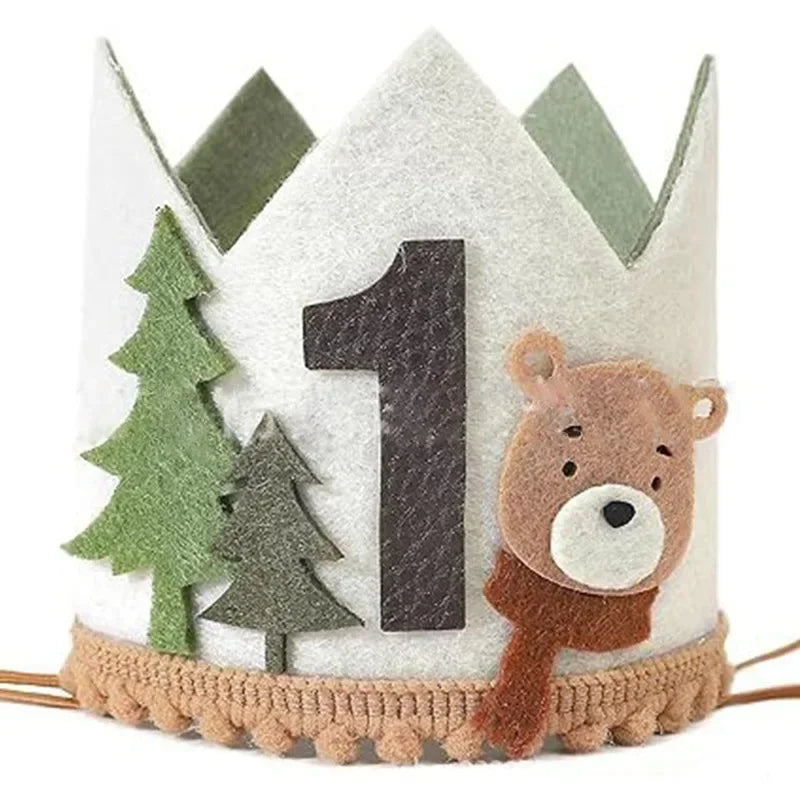 couronne anniversaire enfant ours glitter chiffre pompons arbre rose marron vert festiveDecoration