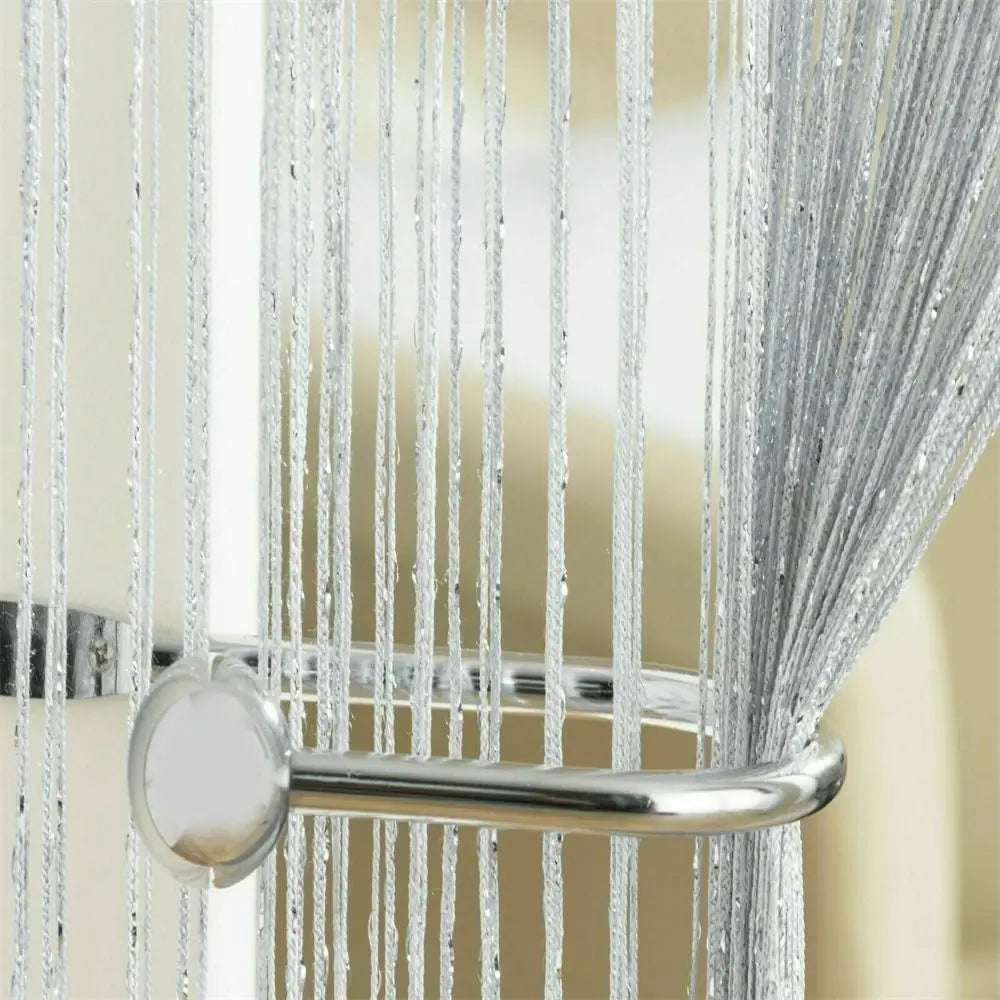 rideau franges transparent moderne argenté beige barre métallique suspension 100x200cm
