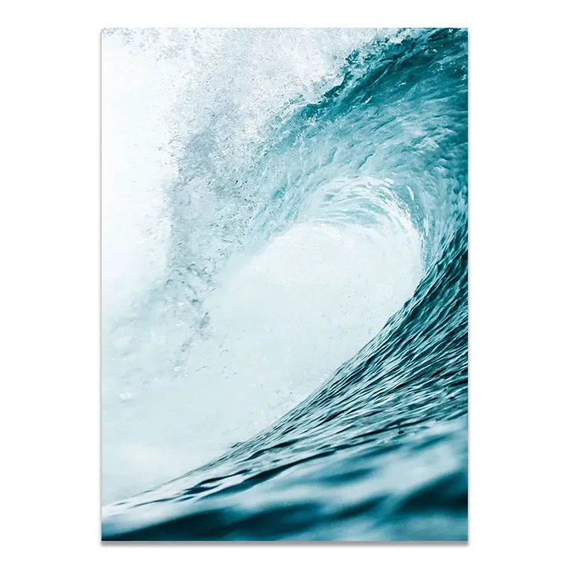 toile d'art moderne vagues palmiers coucher soleil clips cadre noir bleu vert beige rose