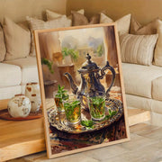 affiche décoration murale théière marocaine tapis argent plateau bois aquarelle verte menthe chambre salon