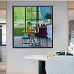 tableau toile huile enfant piano vert bleu brun contemporain maison décoration mur carré
