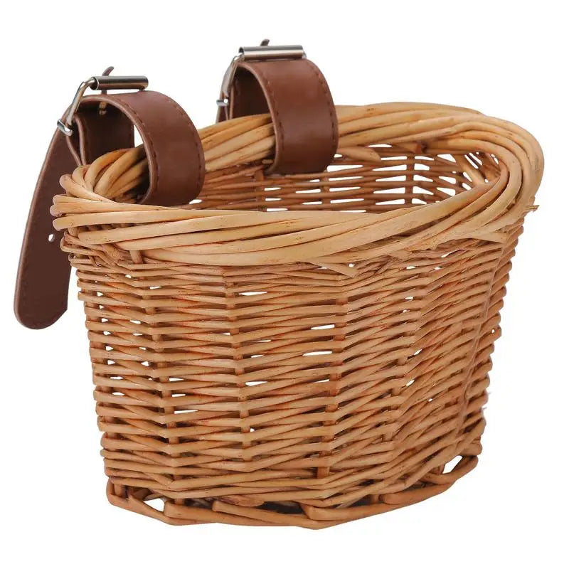 panier vélo enfant tressé wicker doublure marron sangles réglables vintage rustique