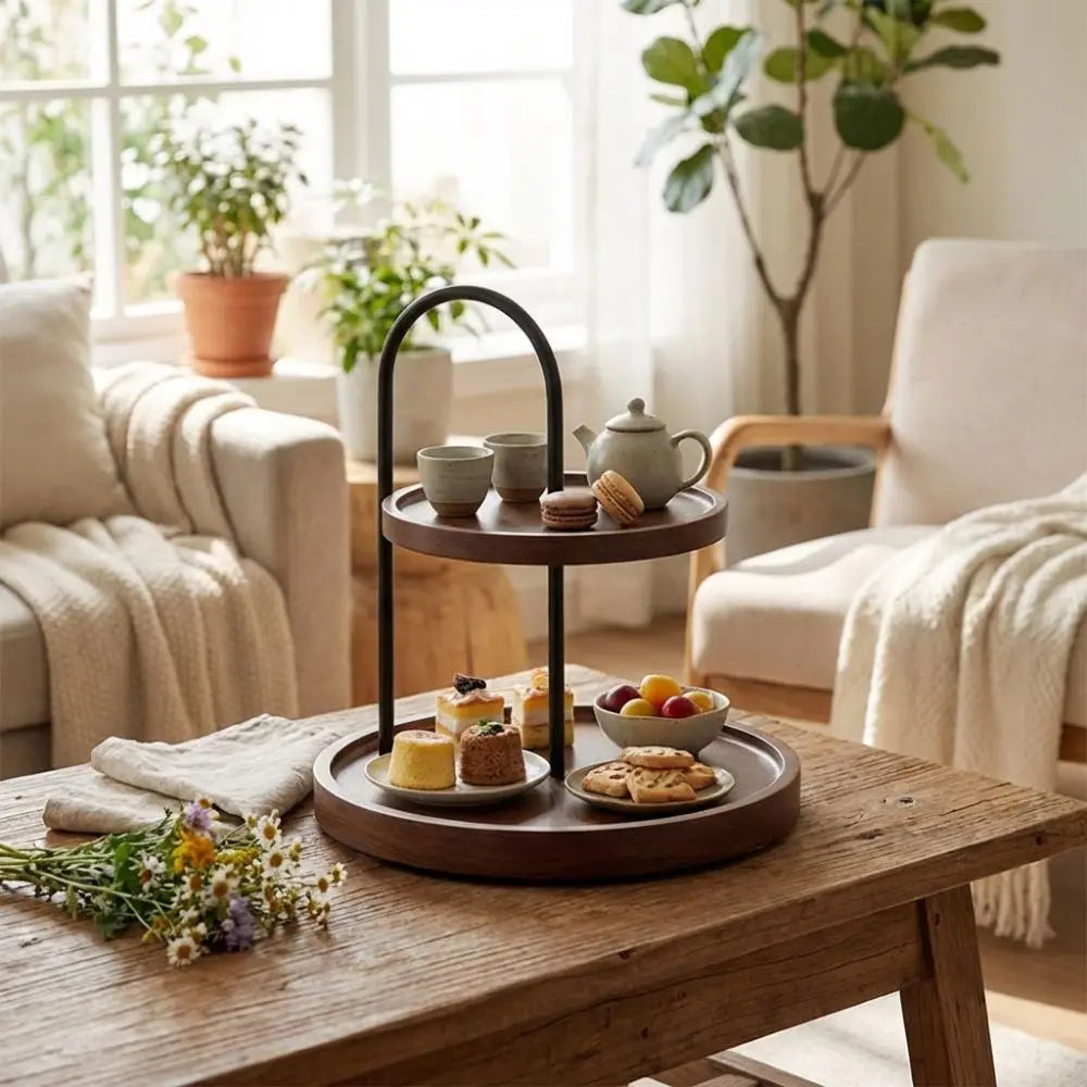 support bijoux bois marron clair deux niveaux moderne minimaliste décoration rangement objets thé desserts