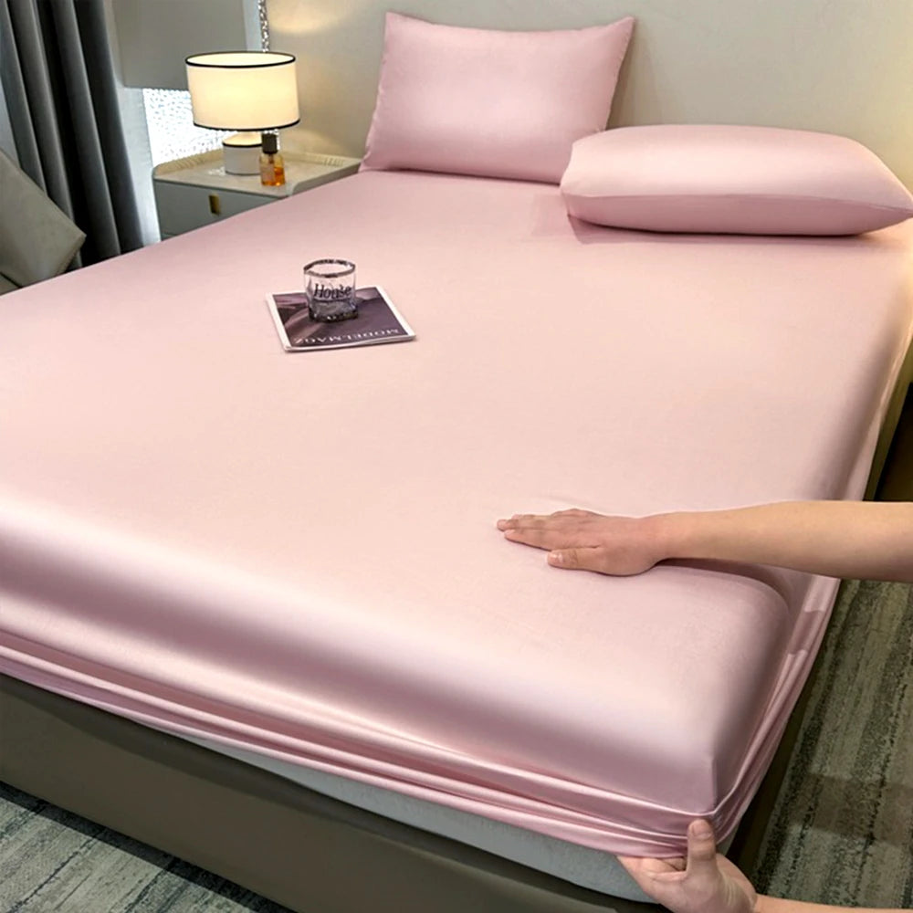 parure lit drap housse élastique soie glacée oreillers coton frais bleu clair uni