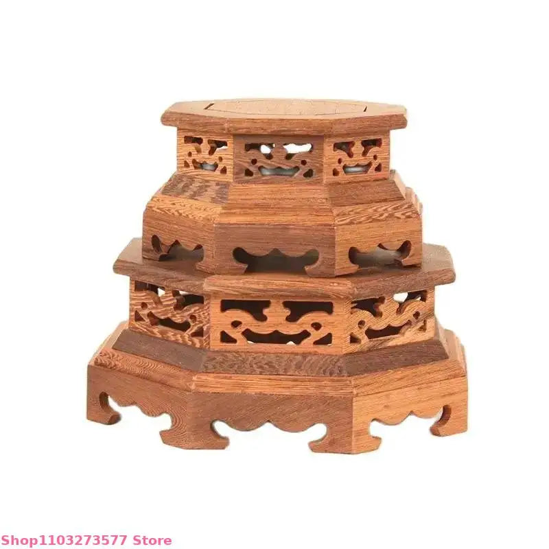 support vase bois artisanal marron clair texture naturelle découpes géométriques traditionnel métalliques