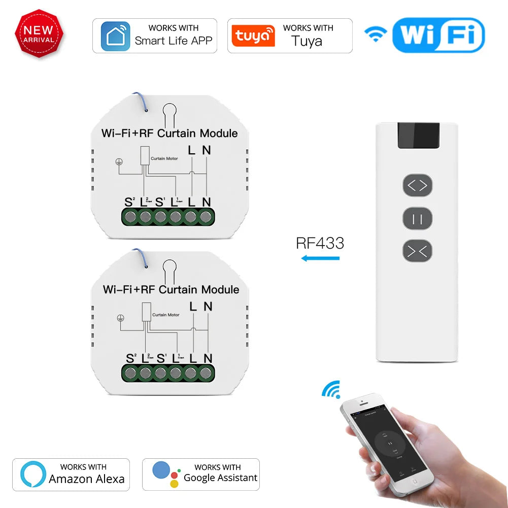 module rideau motorisé intelligent télécommande rf433 application smartphone contrôle vocal programmation