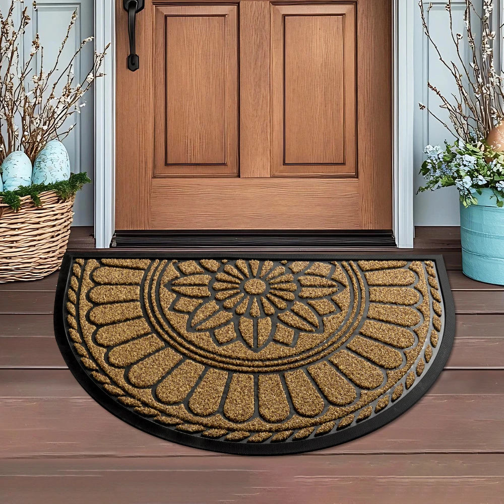 tapis d'entrée motif floral noir marron clair bordure dentelée antidérapant intérieur extérieur