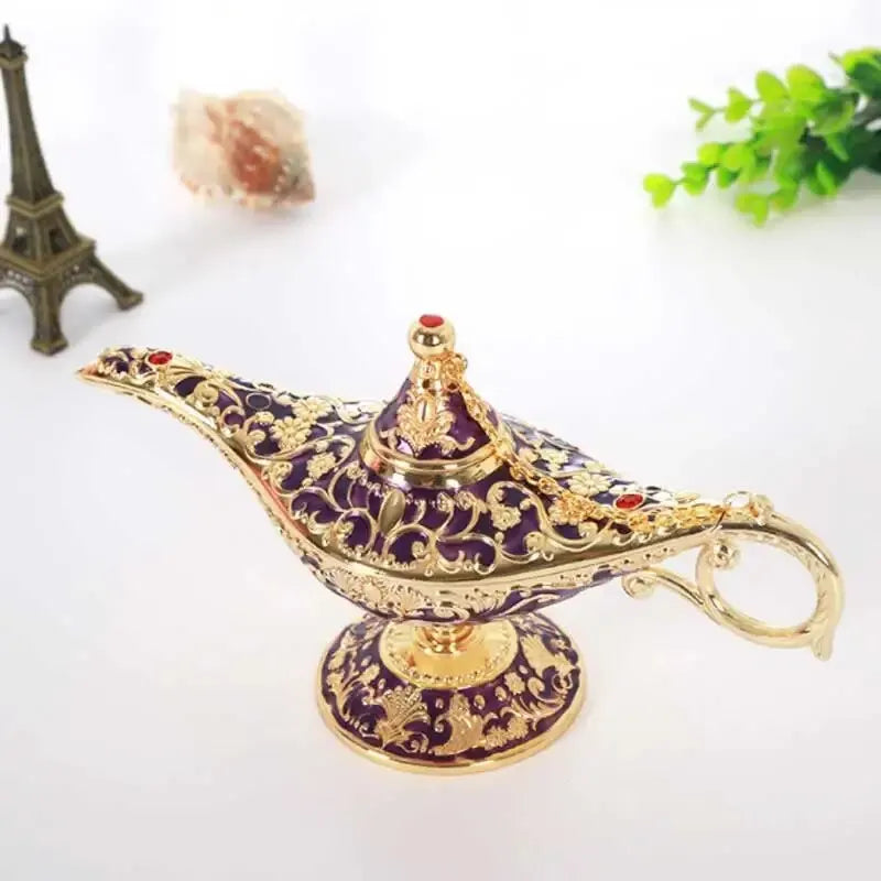 lampe huile décorative aladdin métal ornement floral bleu rouge violet vert orientaliste
