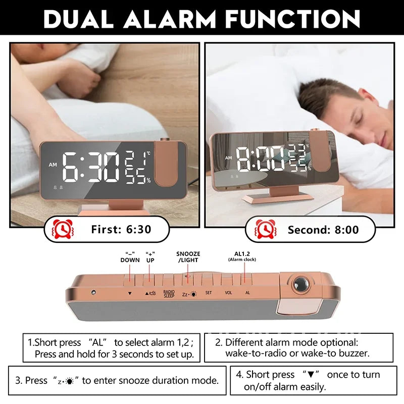 horloge multifonctionnelle or rose moderne radio double alarme projection