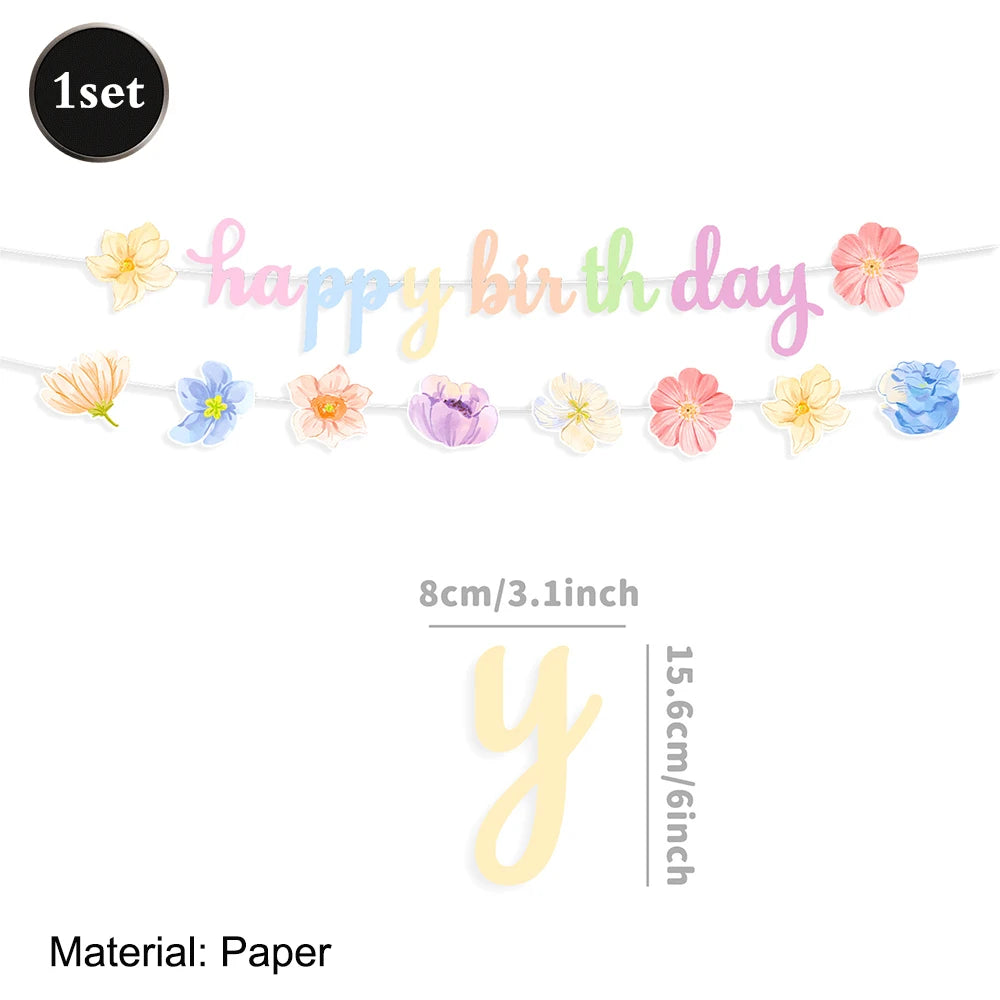 décoration fête anniversaire enfants guirlande happy birthday assiettes serviettes gâteau tasses bonbons floral papillons