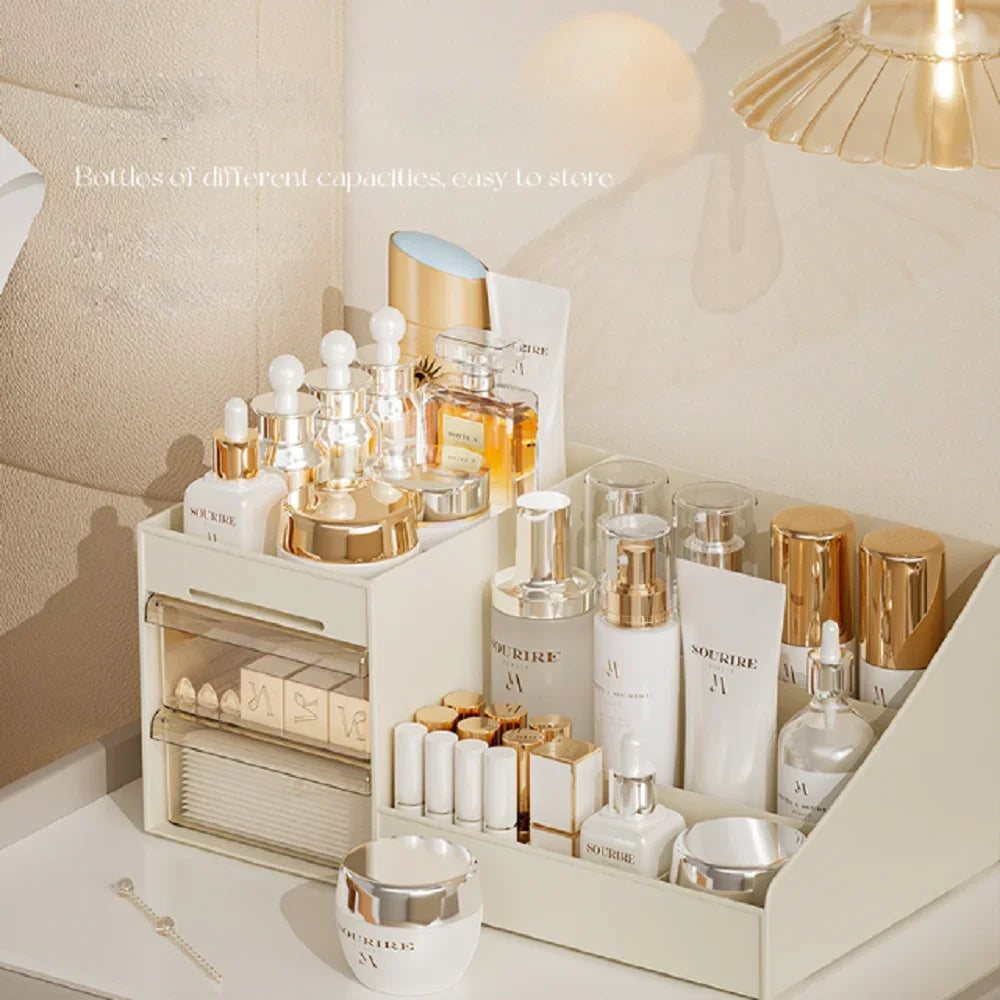 organisateur rangement moderne boîtes tiroirs transparents cosmétiques maquillage crèmes parfums essences masques brosse étiquettes