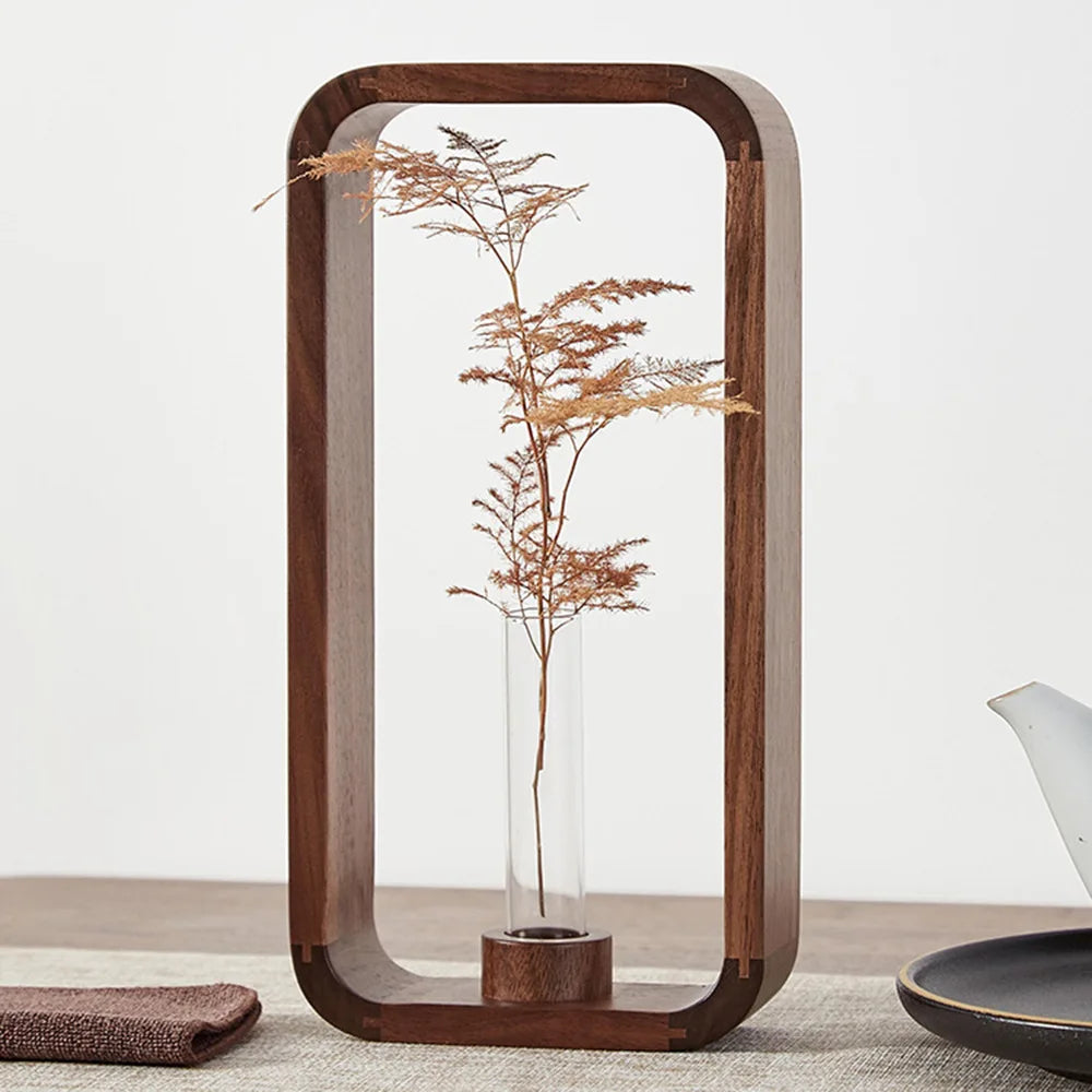 support vase transparent bois foncé moderne decoration intérieure plantes fleuries