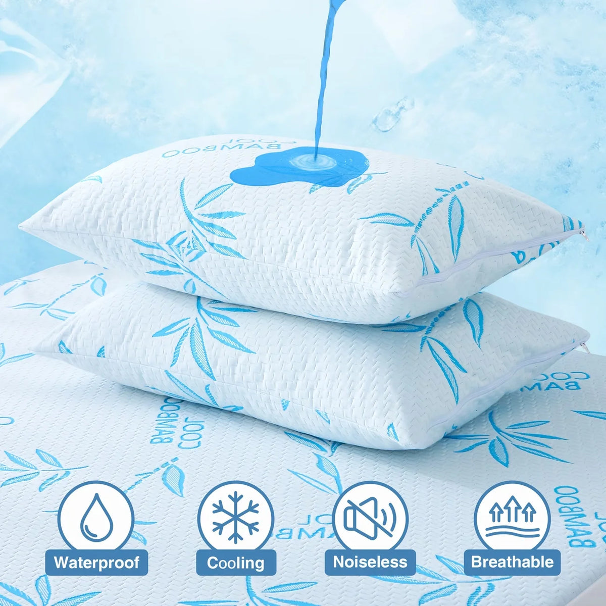 protège oreiller bambou blanc bleu jacquard moderne confortable zip machine maison deux pièces