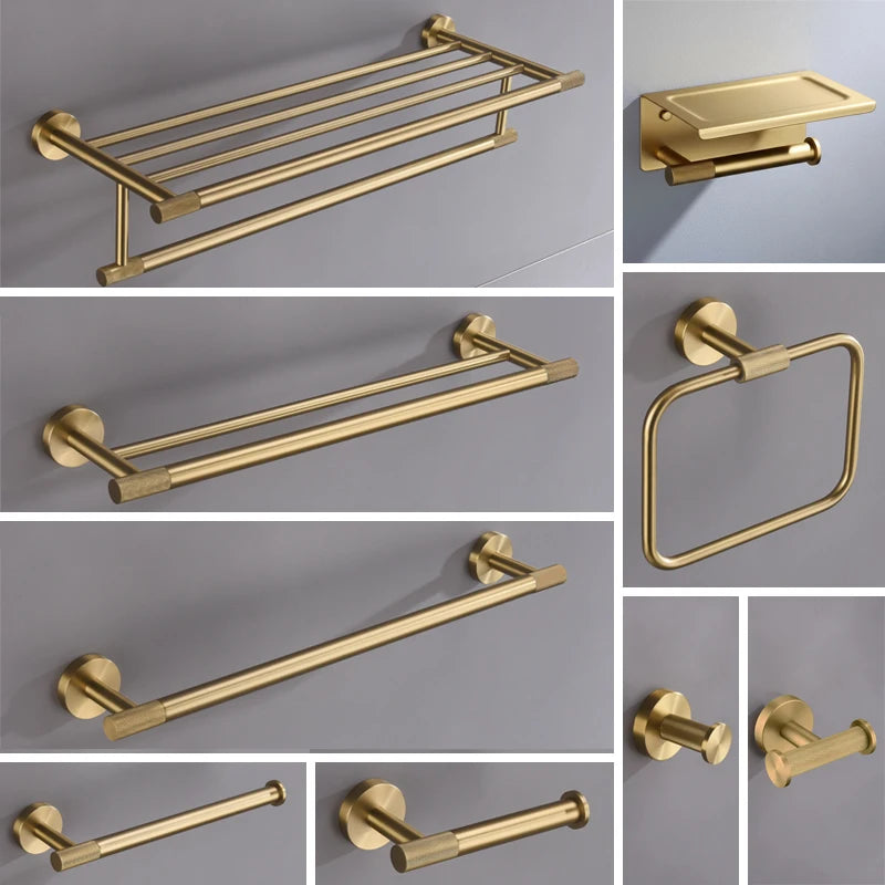 ensemble accessoires salle bain doré métal brossé porte serviette savon distributeur moderne