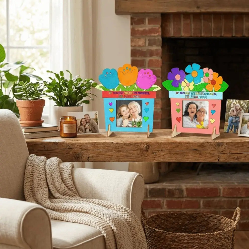Cadre photo bois naturel fleurs stylisées coeurs texte mère enfantin décoratif colorier DIY